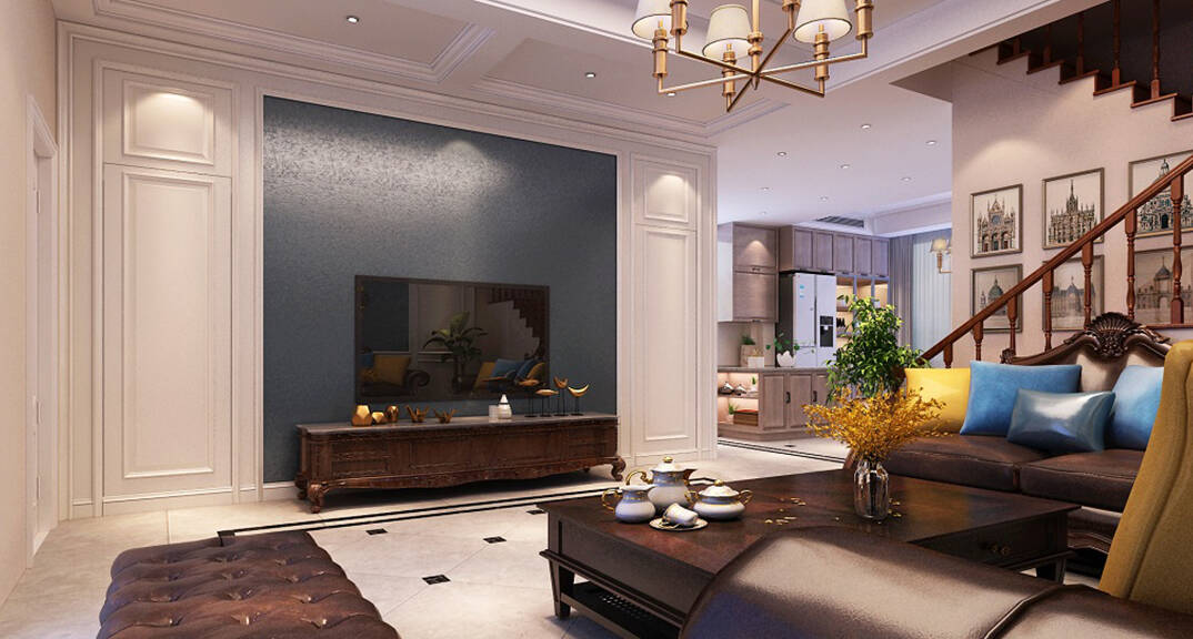 安納溪236m2別墅客廳美式風(fēng)格裝修案例效果圖