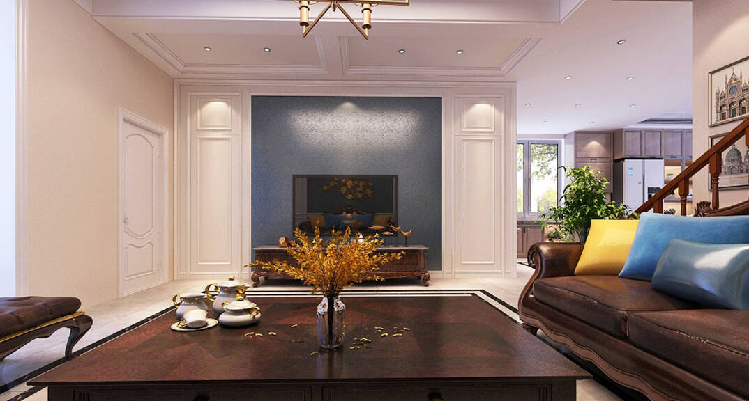 安納溪236m2別墅客廳電視墻美式風(fēng)格裝修案例效果圖