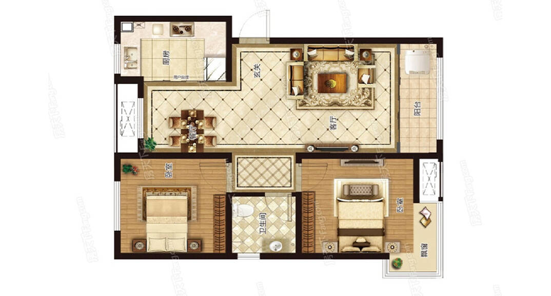 鑫江桂花園2室2廳77平美式風(fēng)格裝修戶型圖