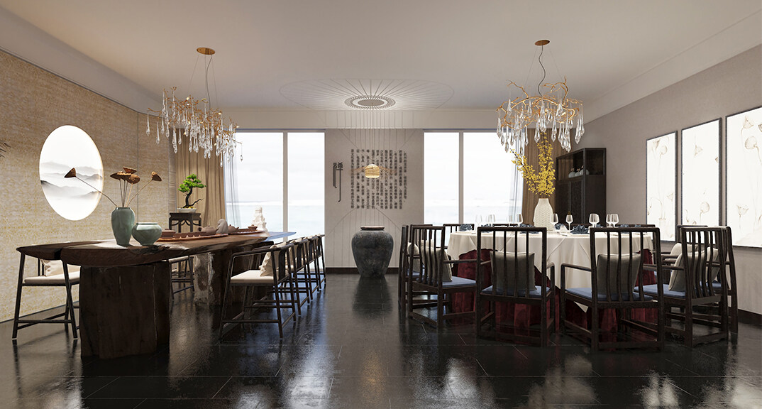 東海路700㎡獨棟別墅大廳新中式風格裝修案例效果圖