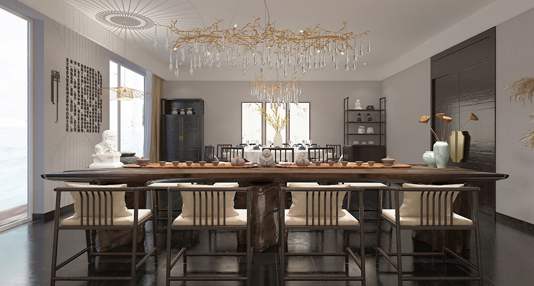 東海路700㎡獨棟別墅一層大廳新中式風格裝修案例效果圖