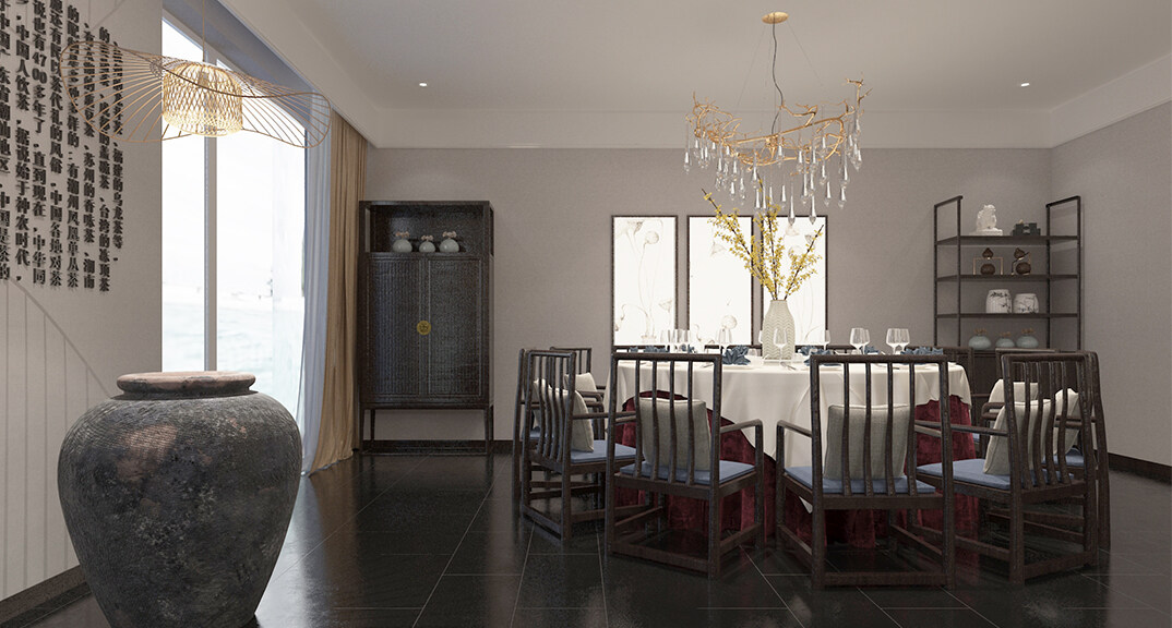 東海路700㎡獨棟別墅一層大廳餐廳新中式風格裝修案例效果圖