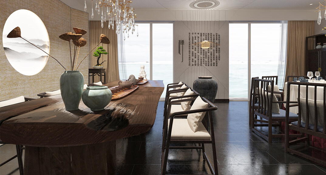 東海路700㎡獨棟別墅一層茶室新中式風格裝修案例效果圖