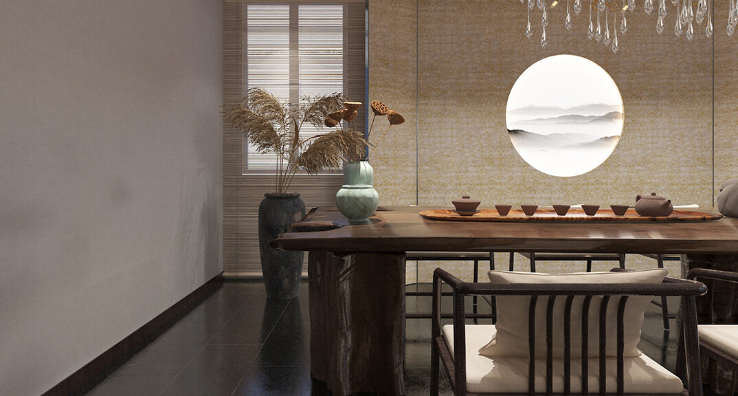 東海路700㎡獨棟別墅一層茶室新中式風格裝修案例效果圖