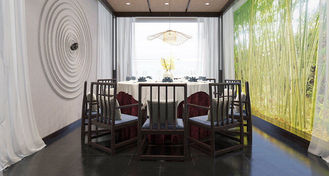 東海路700㎡獨棟別墅一層餐廳新中式風格裝修案例效果圖