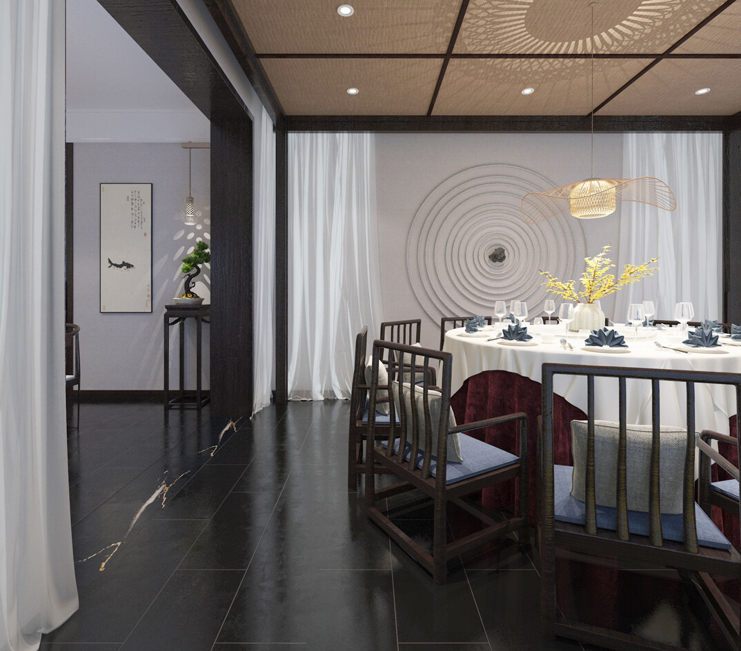 東海路700㎡獨棟別墅一層餐廳新中式風格裝修案例效果圖