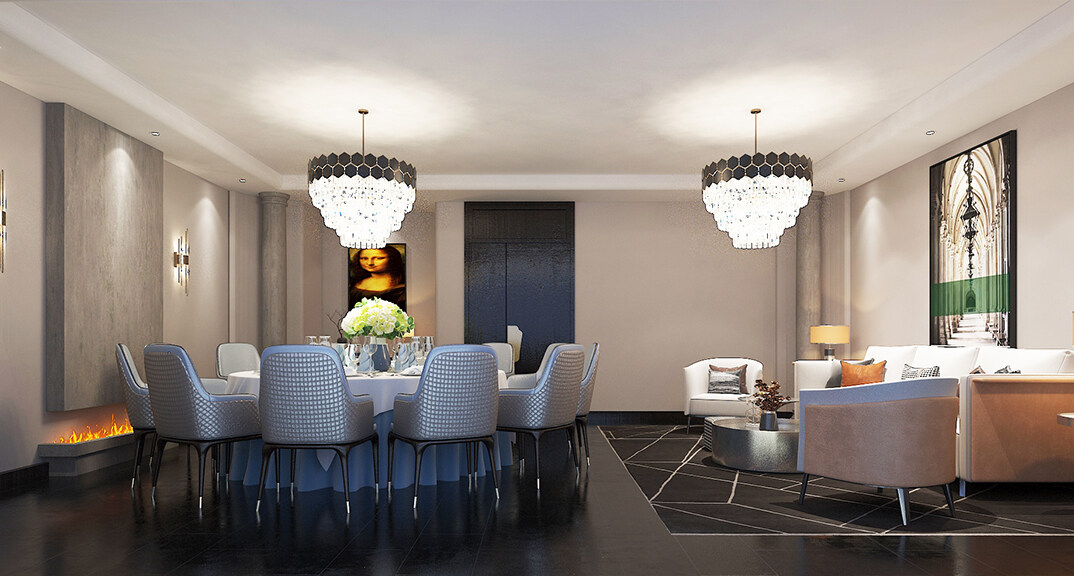 東海路700㎡獨棟別墅二層餐廳新中式風格裝修案例效果