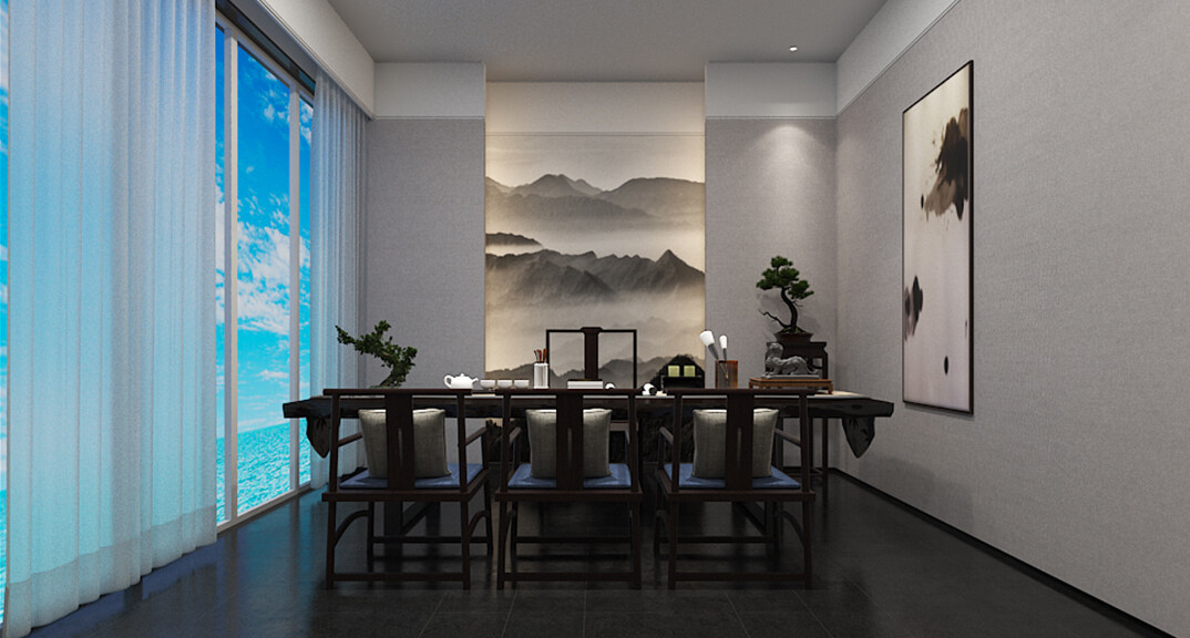 東海路700㎡獨棟別墅三層茶室新中式風格裝修案例效果