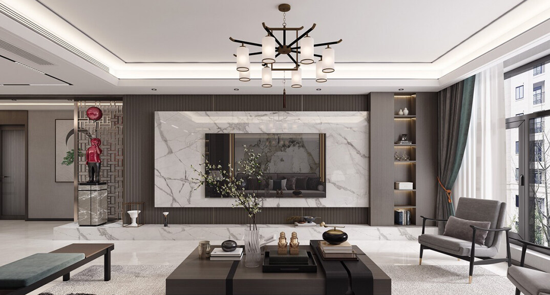 綠城·海棠印月166㎡三室二廳客廳電視新中式風格裝修案例效果圖